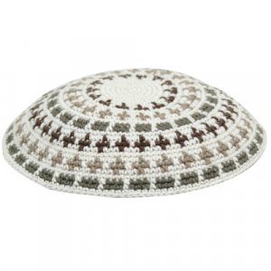 Flat DMC Knitted Kippah in White, Green and Beige