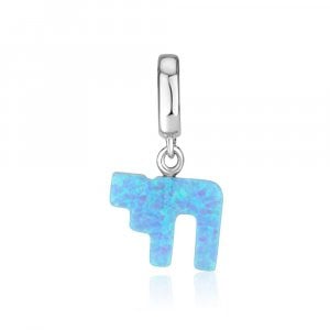 Sterling Silver Charm with Hanging Blue Opal - Chai Hebrew Letters