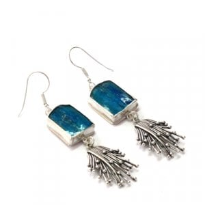 Michal Kirat Roman Glass Drop Earrings with Hanging Silver Waves Pendant