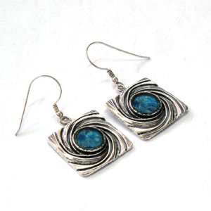 Michal Kirat Drop Earrings of Roman Glass in Silver Spiral Waves Design