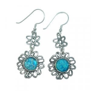 Michal Kirat Roman Glass Earrings set in Delicate Sterling Silver Floral Frame