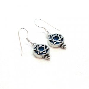Michal Kirat, Sterling Silver Drop Earrings with Roman Glass and Star of David