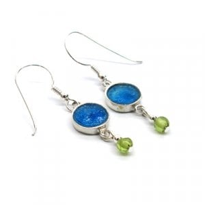 Michal Kirat Roman Glass Silver Earrings with Peridot Stones Dangle