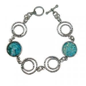 Michal Kirat Sterling Silver Bracelet, Circular Roman Glass Shards and Coil Links
