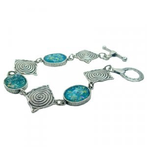 Michal Kirat Bracelet with Round Roman Glass and Sterling Silver Engraved Squares
