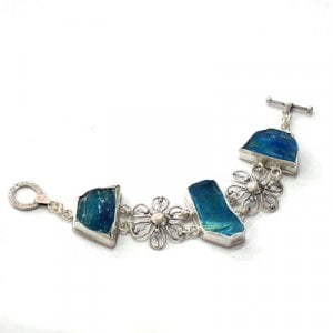 Michal Kirat Bracelet with Roman Glass and Decorative Sterling Silver Flowers