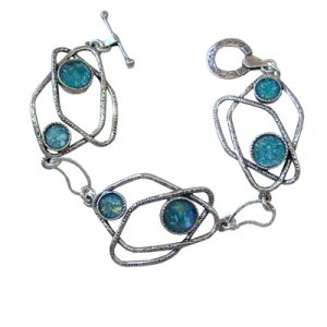 Michal Kirat Sterling Silver Bracelet with Roman Glass Discs and Swirling Loops