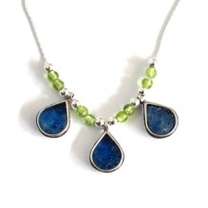 Michal Kirat Silver Peridot Beads Necklace - Roman Glass Raindrop Pendants