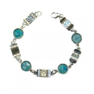 Michal Kirat Bracelet with Circular Roman Glass Pieces and Engraved Silver Links