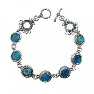 Michal Kirat Sterling Silver Bracelet, Circular Roman Glass in Hammered Frame