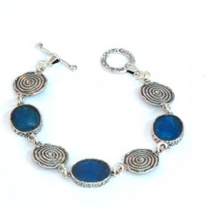 Michal Kirat, Sterling Silver Bracelet with Swirling Waves Discs and Roman Glass