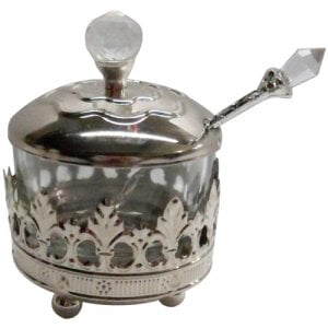 Silver Nickel and Glass Rosh Hashanah Honey Dish with Cover and Spoon - Filigree