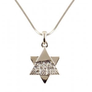 Rhodium Pendant Necklace, Star of David and Jerusalem Image - Silver