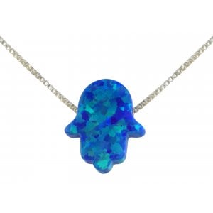 aJudaica Blue Opal Hamsa Pendant Necklace