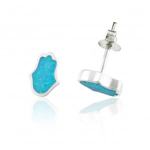 aJudaica Light Blue Opal Hamsa stud Earrings