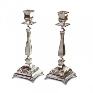 Tall Classic Silver Plated Shabbat Candlesticks with Stem - Height 13.7"