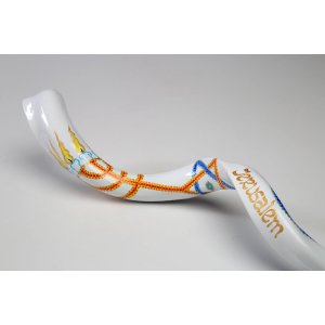 Hand Painted Yemenite Shofar with 7 Branch Menorah on White