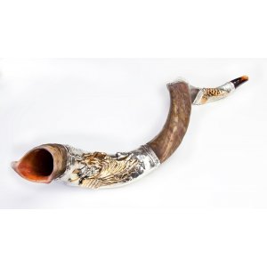 Yemenite Shofar, Decorative Silver Plate - Moses and Ten Commandments