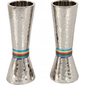 Yair Emanuel Hammered Nickel Cone Candlesticks - Colored Rings