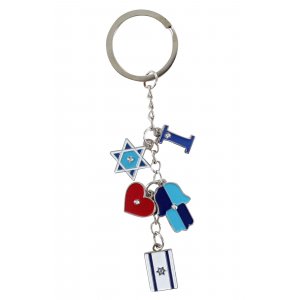 Nickel Plated Key Chain with Israel Symbols Pendant