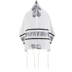 Tallit Set by Ronit Gur in White and Gray Ruched Satin Stripes