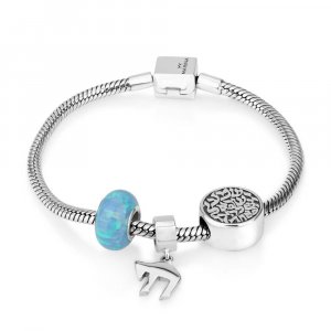 Shema, Chai, and Opal Silver Charm Bracelet