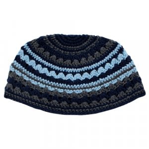 Frik Kippah  Crocheted Weave of Light Blue, Gray and Black Stripes