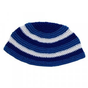Frik Kippah  Thick Crocheted Weave of White and Shades of Blue Stripes