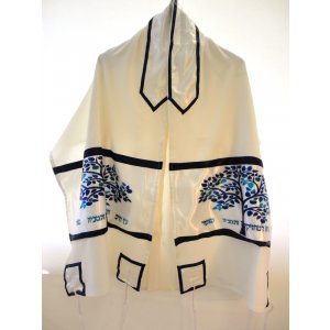 Blue-White Tree of Life Tallit Set - Galilee Silk - 2 in stock at a great price