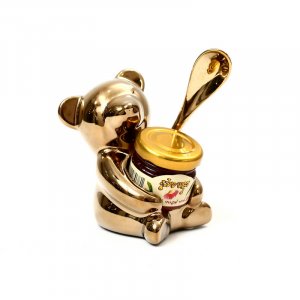 Rosh Hashanah Honey Dish, Nickel Bear with Honey and Spoon - Gold