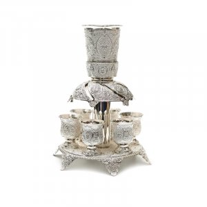 Silver Plated Filigree Design Kiddush Fountain with Six Cups on Raised Tray