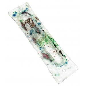 Glass Mezuzah Case with Divine Name in Silver Pewter - Colored Raindrops Design