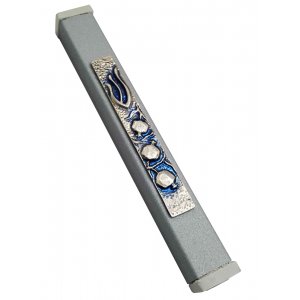 Gray Aluminum Mezuzah Case Elegant Shin and Pomegranates - Blue Tinges