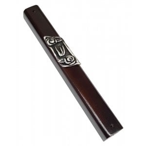 Dark Brown Wood Mezuzah Case, Decorative Silver Pewter Plaque with Shin