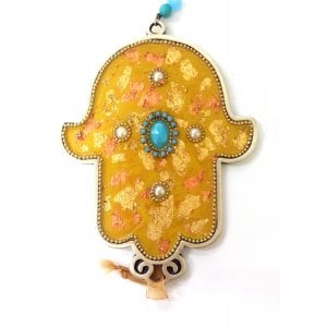 Iris Design Hand Painted Wall Hamsa, Leaf Design on Gold - Beads and Crystals