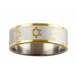 Stainless Steel Two Tone Ring with Gold Repeating Stars of David and Gold Rims