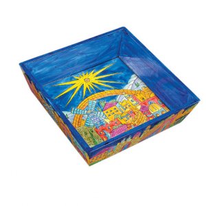 Yair Emanuel Hand Painted Wood Blue Matzah Tray - Golden Jerusalem