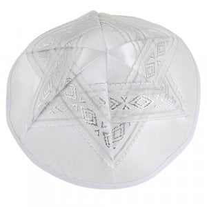 White Satin Kippah with Silver Ribbon Star of David Design