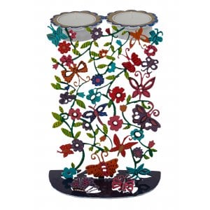 Yair Emanuel Hand Painted Metal Shabbat Candlesticks - Butterflies and Flowers
