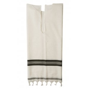 Talitnia White Wool Tallit Katan With Center Fringes - Black Stripes