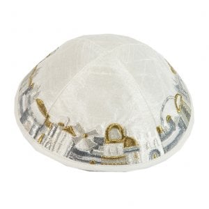 Yair Emanuel Kippah, White with Embroidered Gold and Silver Jerusalem Images