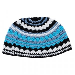 Frik Kippah  Thick Crocheted Weave of Black, White and Shades of Blue Stripes