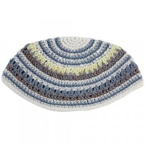 Frik Kippah – Thick Crocheted Weave of White, Blue, Gray and Yellow Stripes