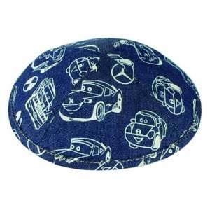 Blue and White Cotton Fabric Kippah with Car print