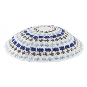 White DMC knitted kippah with Olive, Blue and White Stripes