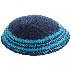 Blue Knitted Kippah with Light blue Border Stripes
