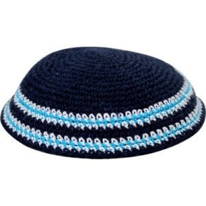 Dark Blue Knitted Kippah with Light Blue and White Border Stripes