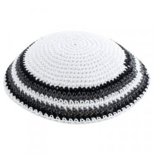 White Knitted Cotton Kippah with Gray, Black and White Border Stripes