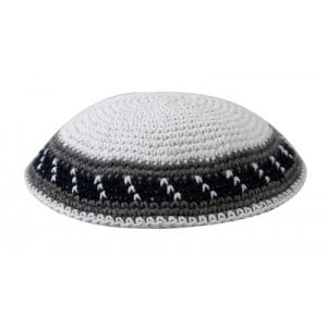 White Knitted Cotton Kippah with Gray Stripes Border Design