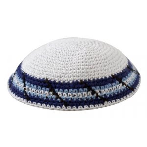 White Knitted Kippah with Light Blue Stripes